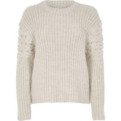 River Island Womens White Chunky Cable Knit Sleeve Jumper