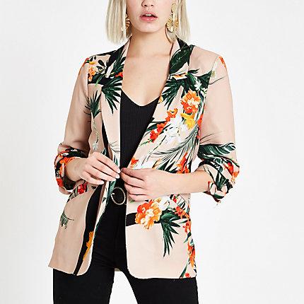 River Island Womens Tropical Ruched Sleeve Blazer