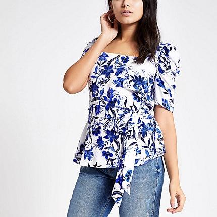 River Island Womens White Printed Square Neck Top