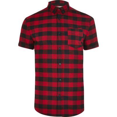 River Island Mensred Buffalo Check Short Sleeve Shirt