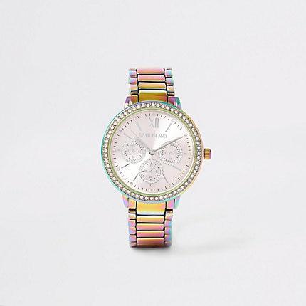 River Island Womens Multicolour Oil Slick Diamante Chain Watch