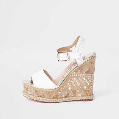 River Island Womens White Embellished Espadrille Wedge Sandals