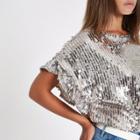 River Island Womens Silver Sequin Embellished Frill Sleeve Top