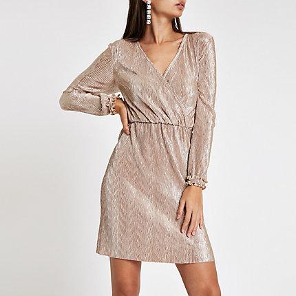 River Island Womens Metallic Plisse Wrap Mini Dress