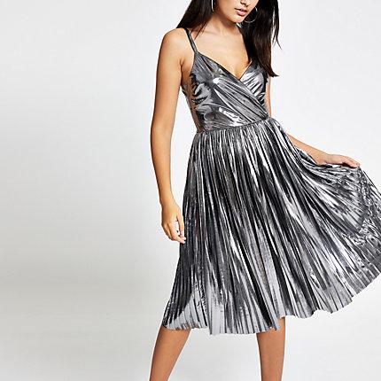 River Island Womens Silver Pleated Midi Wrap Dress