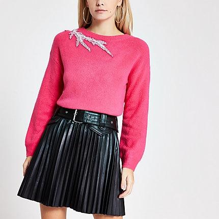 River Island Womens Petite Embellished Neck Knitted Jumper
