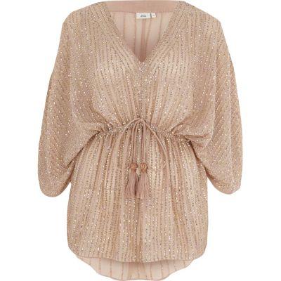 River Island Womens Nude Sequin Embellished Tie Waist Kimono Top