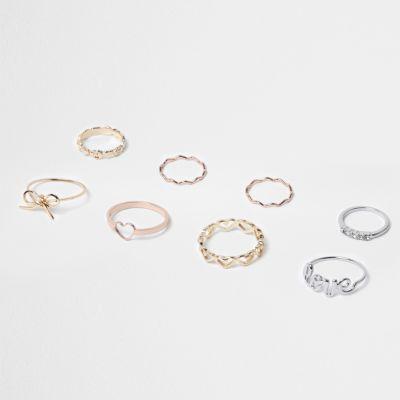 River Island Womens Mixed Tone Love Rings Pack