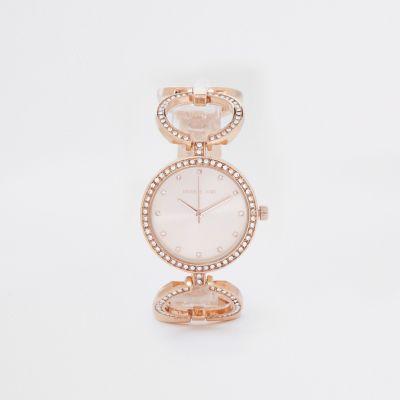 River Island Womens Rose Gold Tone Rhinestone Pave Circle Watch