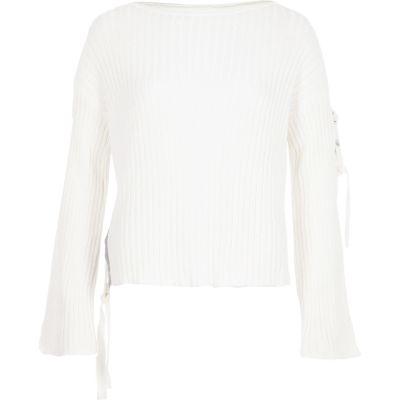 River Island Womens White Rib Knit Tie Side Jumper