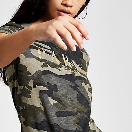 River Island Womens Camo Printed Rolled Up Sleeve T-shirt