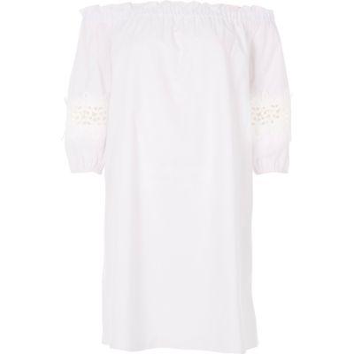 River Island Womens White Bardot Lace Sleeve Swing Dress