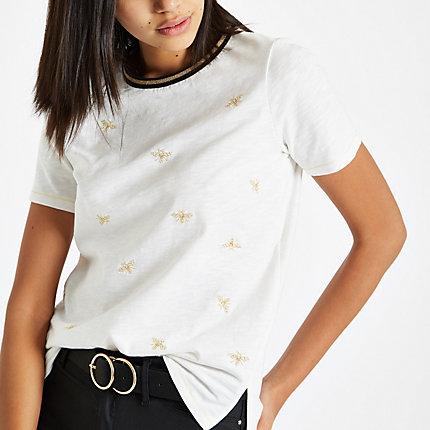 River Island Womens White Bee Embroidered T-shirt