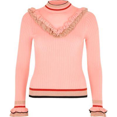 River Island Womens Ribbed Knit V Frill Sweater