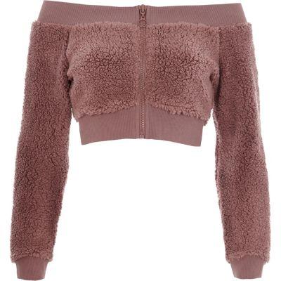 River Island Womens Fleece Bardot Zip-up Crop Top
