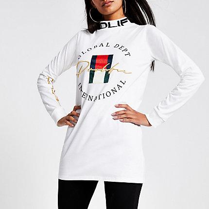 River Island Womens White Prolific High Neck Longline T-shirt