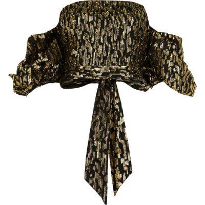 River Island Womens Jacquard Puff Sleeve Bardot Crop Top