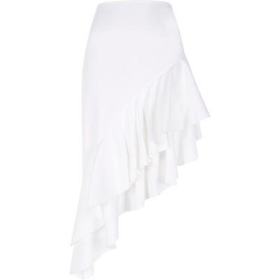 River Island Womens White Asymmetric Frill Midi Skirt