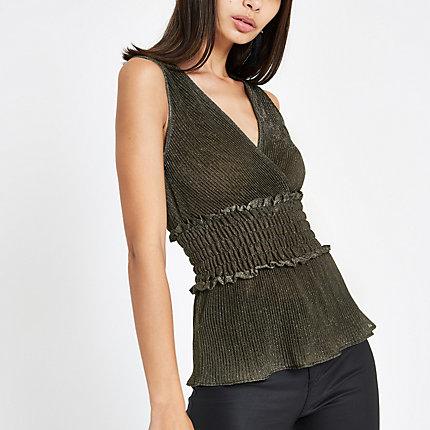 River Island Womens Gold Plisse Shirred Waist Top
