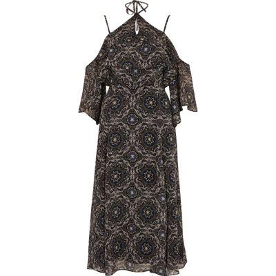 River Island Womens Tile Print Cold Shoulder Midi Dress