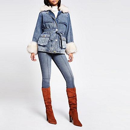 River Island Womens Faux Fur Collar Padded Denim Jacket