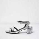 River Island Womens Silver Metallic Jewel Block Heel Sandals