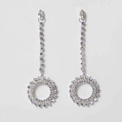 River Island Womens Silver Tone Rhinestone Hoop Drop Earrings