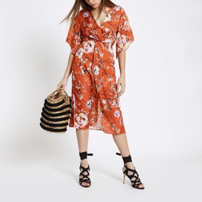 River Island Womens Floral Kimono Sleeve Midi Dress