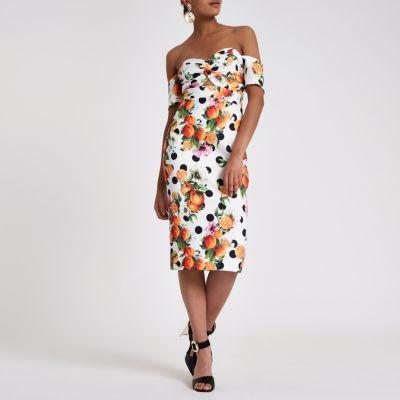 River Island Womens White Printed Bardot Bodycon Midi Dress