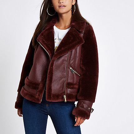 River Island Womens Petite Faux Fur Aviator Jacket