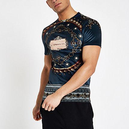 River Island Mens Baroque Print Velour T-shirt