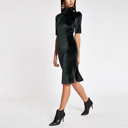 River Island Womens Velvet High Neck Bodycon Dress