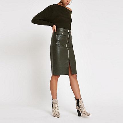 River Island Womens Faux Leather Zip Front Midi Skirt