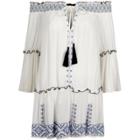River Island Womens White Embroidered Shirred Bardot Beach Dress