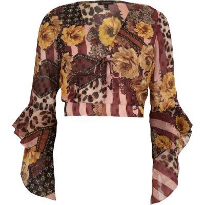 River Island Womens Mixed Print Wrap Frill Sleeve Crop Top