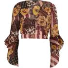River Island Womens Mixed Print Wrap Frill Sleeve Crop Top