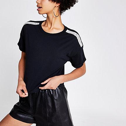 River Island Womens Diamante Trim Crop T-shirt