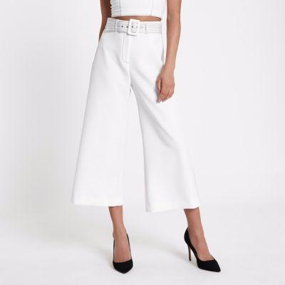 River Island Womens White Belted Wide Leg Culotte Pants