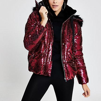 River Island Womens Sequin Faux Fur Hood Puffer Coat