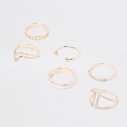 River Island Womens Gold Tone Diamante Paved Ring Pack