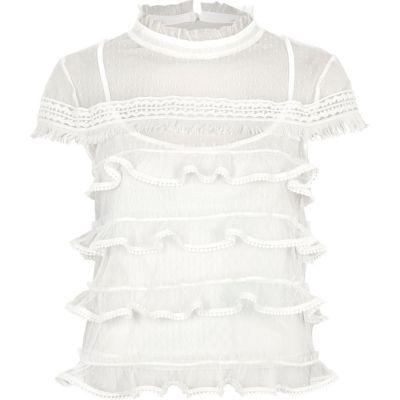 River Island Womens White Dobby Mesh Cap Sleeve Frill Top