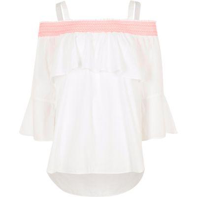 River Island Womens White Shirred Bardot Flare Sleeve Top