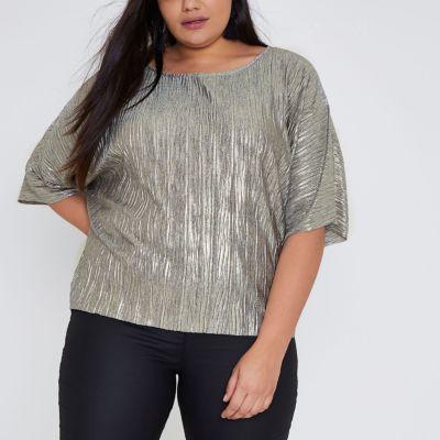 River Island Womens Plus Gold Metallic Plisse Loose Fit Top