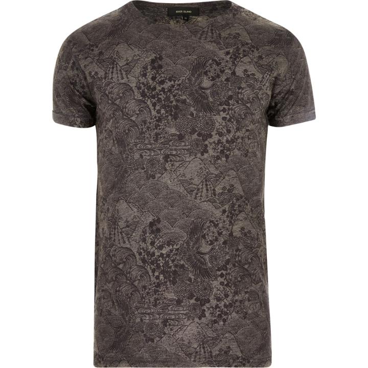 River Island Mensgrey Oriental Floral Print T-shirt