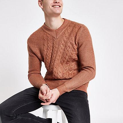 River Island Mens Rust Slim Fit V Neck Cable Knit Jumper