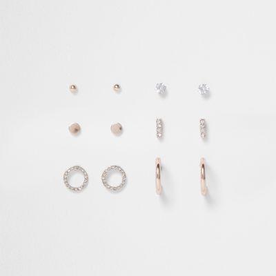 River Island Womens Rose Gold Diamante Pave Earrings Pack