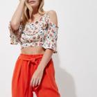 River Island Womens Petite White Floral Cold Shoulder Crop Top
