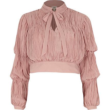 River Island Womens Petite Nude Pleated Puff Sleeve Crop Top