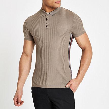 River Island Mens Ribbed Muscle Fit Tape Polo Shirt