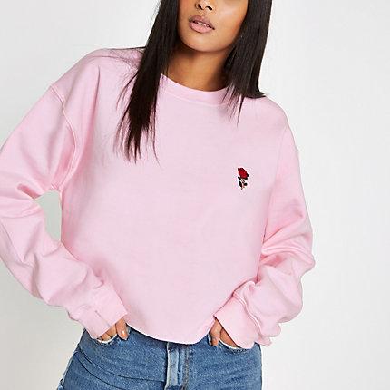 River Island Womens Rose Embroidered Raw Hem Sweatshirt